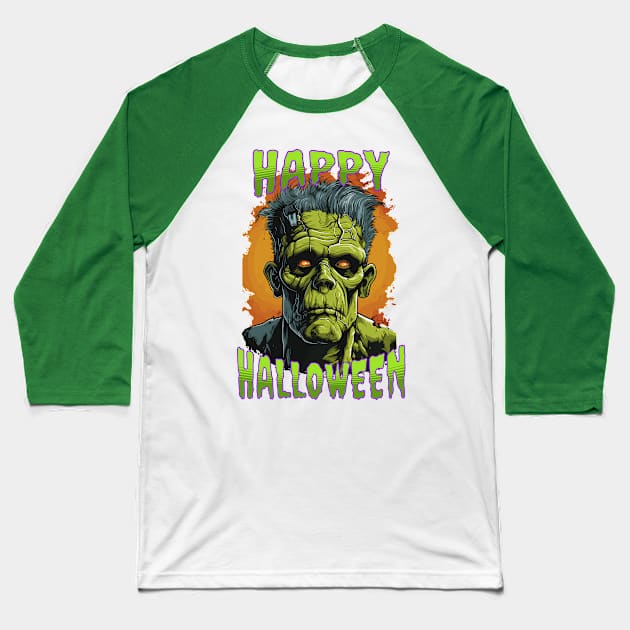 The Monster Happy Halloween Baseball T-Shirt by Atomic Blizzard